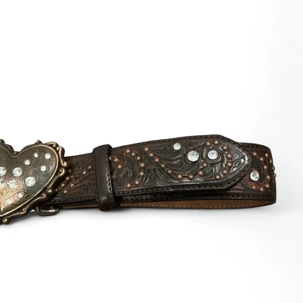 Justin Boots Heart Buckle Leather Belt Size 32 Brown C20508 Good Tooled Crystal